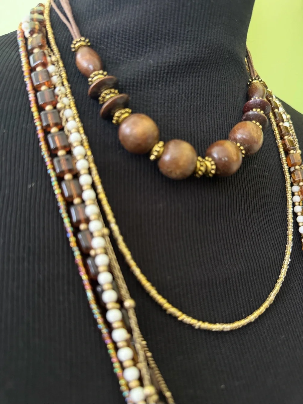 3 Piece Stacked Beaded Necklaces Designer Glass Wood